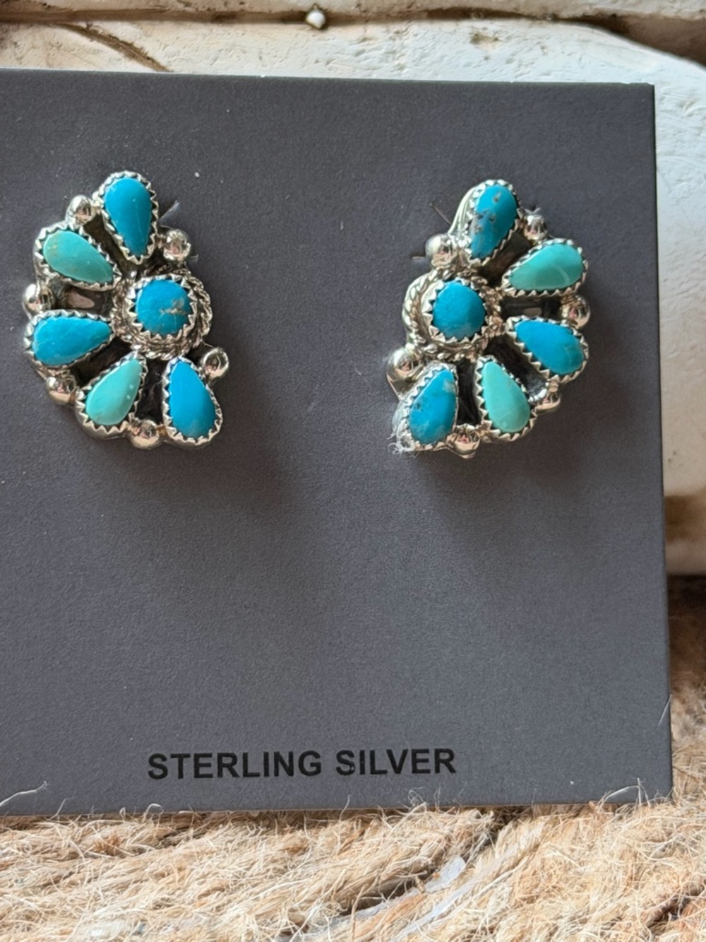 Zuni Alicia Wilson Turquoise Teardrop Cluster Sterling Silver Stud Earrings